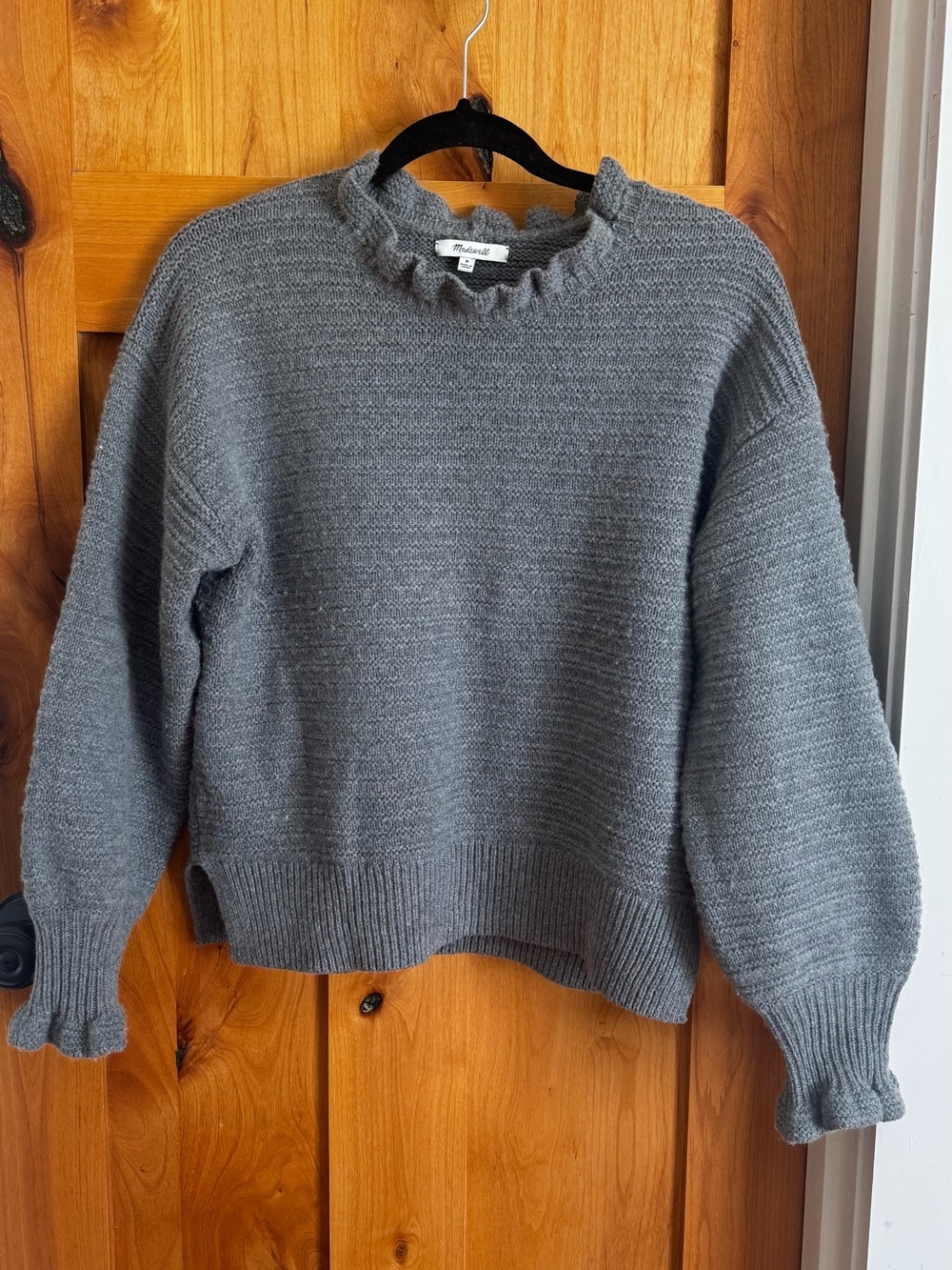 Madewell Heather Gray Ruffle Neck Crewneck Sweater
